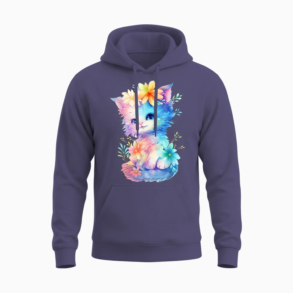 Baby Cat with Flowers Cute Cats Kitten Girls Daughter T-Shirt, White Unisex Hoodie in Heather Sport Dark Navy