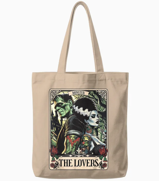 The Monster Frankenstein and Bride the Lovers Tarot Card Tote Bags in Natural