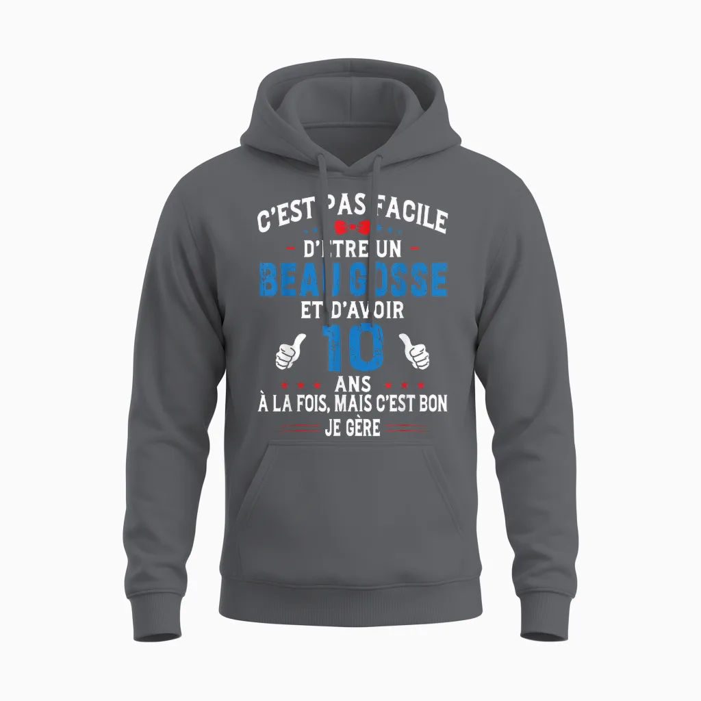 Beau Gosse Humour Original Birthday Gift Boy 10 Years T-Shirt, Black, S Unisex Hoodie in Charcoal