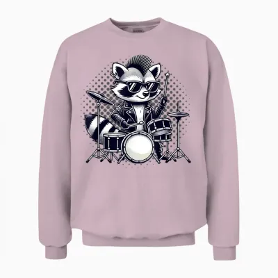 Drummer & Drums | Musician, Music | Boys, Funny Raccoon T-Shirt, Black, S Unisex Sweatshirt - Light Pink