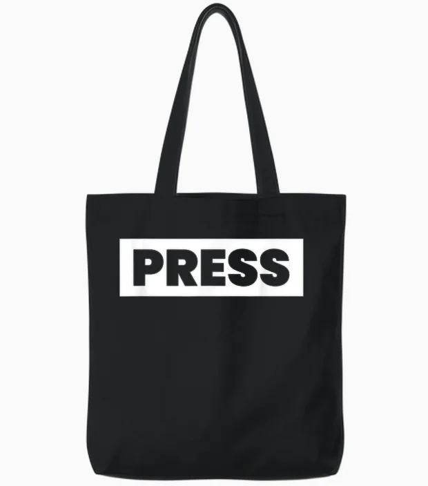 Press Design Saying Press Media News Journalists Press Tote Bags in Black