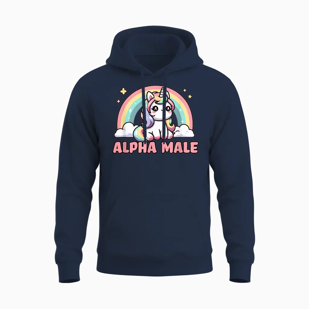 Funny Ironic Men Cute Alpha Male Unicorn T-Shirt, Black, S Unisex Hoodie in Navy