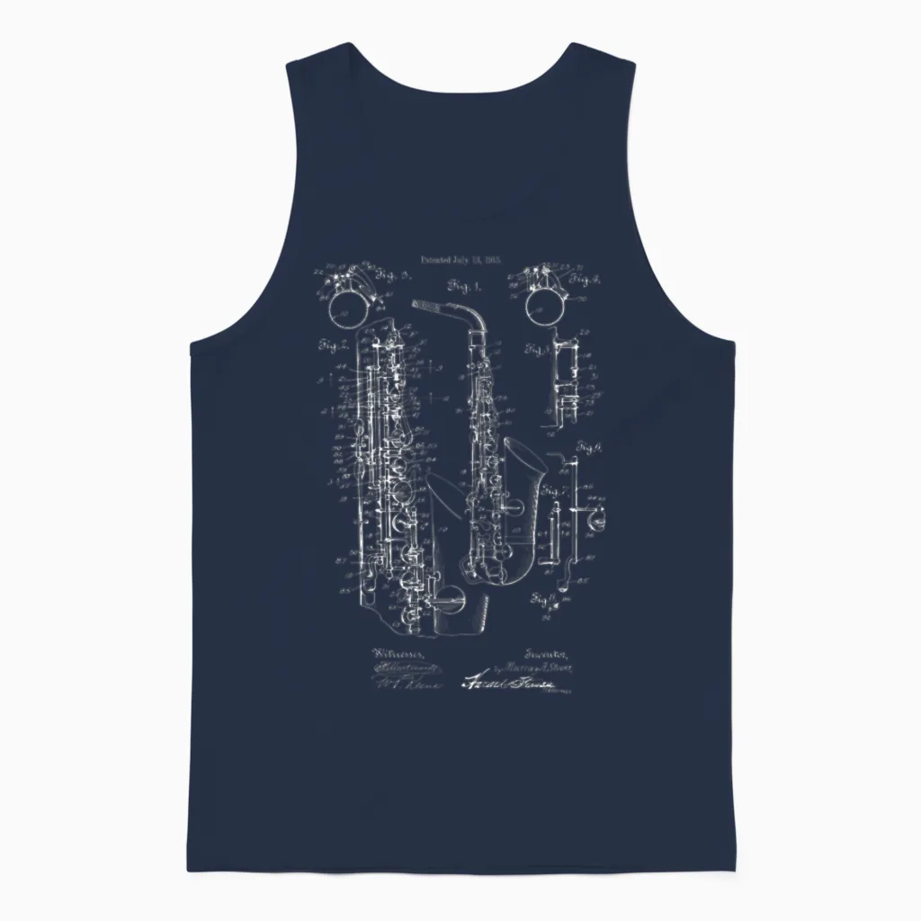 Vintage Jazz Saxophone 1915 Patent Print Unisex Tank Top in Navy