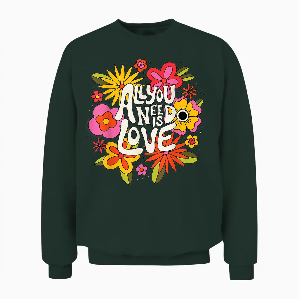 The Beatles - All You Need Is Love Retro Flowers T-Shirt, Black Unisex Sweatshirt in Forest