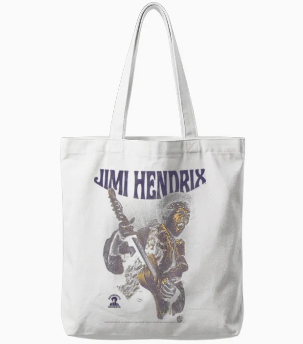 Ripple Junction X Jimi Hendrix Playing Guitar Purple Yellow T-Shirt, Black, S Tote Bags in White