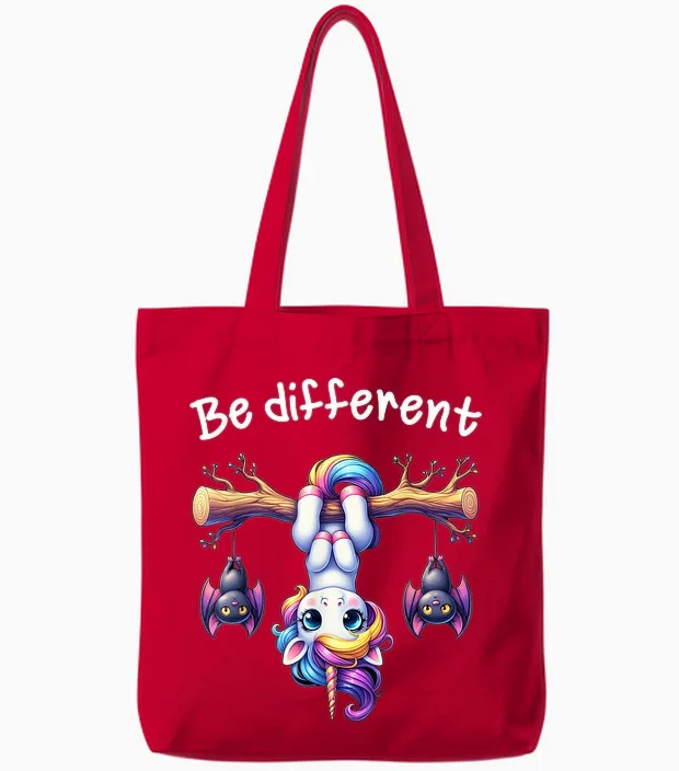Funny Be Different Unicorn T-Shirt for Men Women Children, Black Tote Bags in Red
