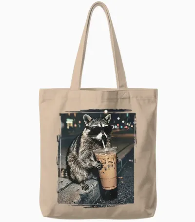 Raccoon Drinking Iced Coffee Funny Animal Meme Men Women Tote Bags - Natural