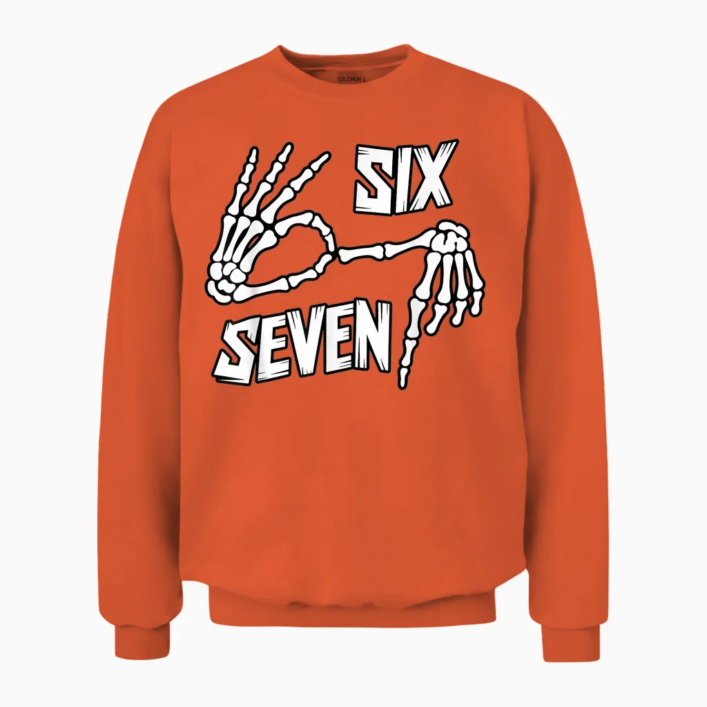 Six Seven 6 7 Meme Skeleton Hands Unisex Sweatshirt in Orange