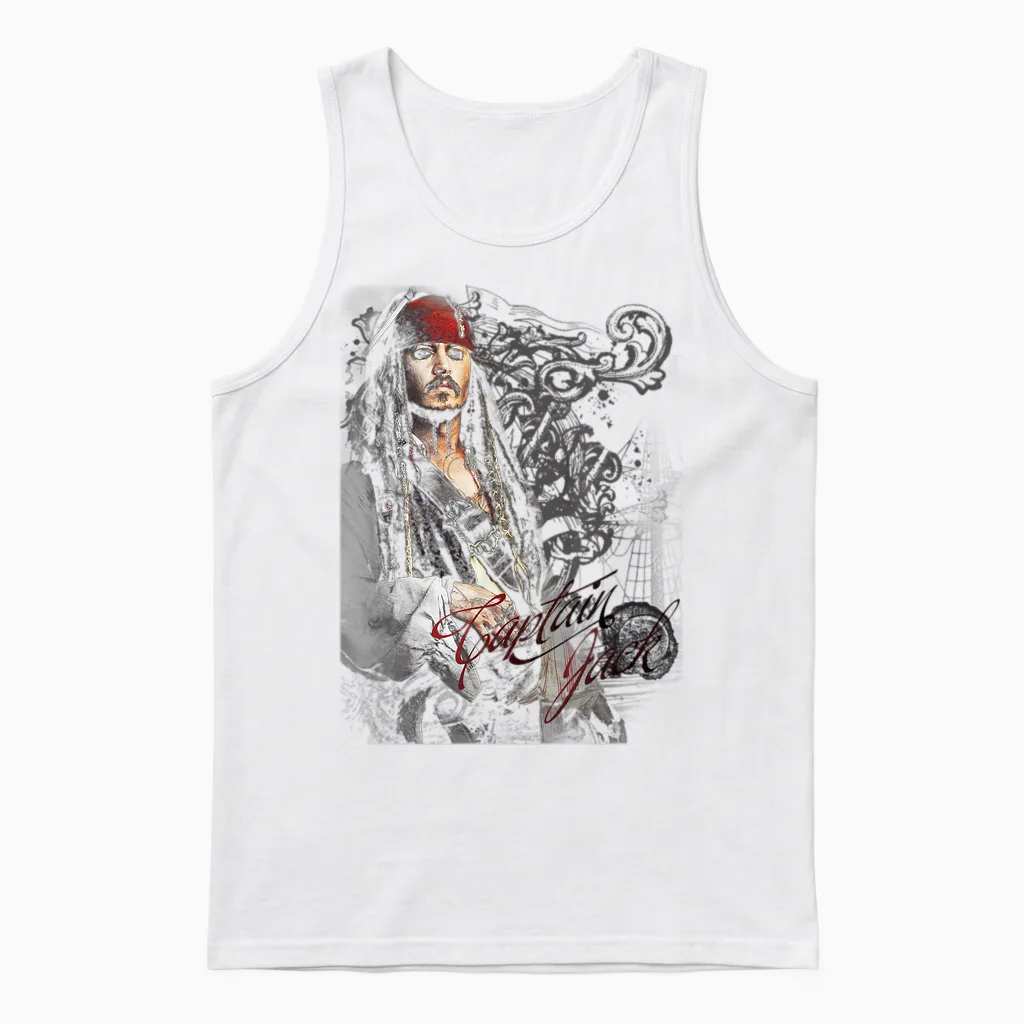 Disney Pirates of the Caribbean Captain Jack Ornate Poster T-Shirt, Black Unisex Tank Top in White