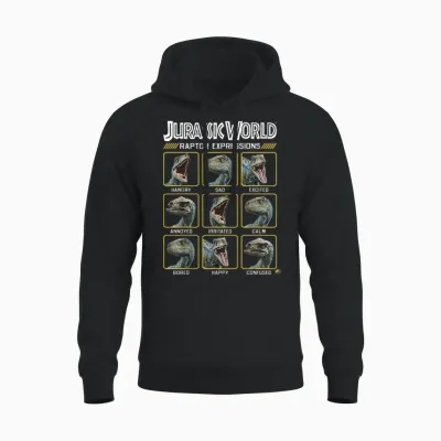 Jurassic World Two Blue Raptor Expressions Graphic Short Sleeve Unisex Hoodie - Black