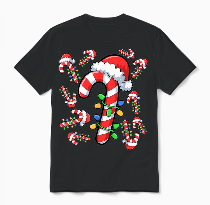 Red and White Candy Cane Santa Christmas Xmas Lights Unisex T-Shirt in Black