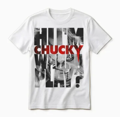 Child's Play Hi I'm Chucky Wanna Play Text Fill T-Shirt Small Unisex T-Shirt - White