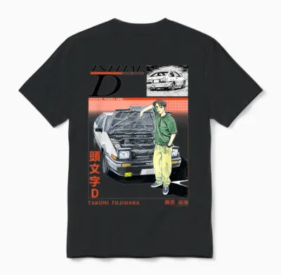 Initial D Takumi Open Hood Car Portrait Manga Anime Unisex T-Shirt - Black