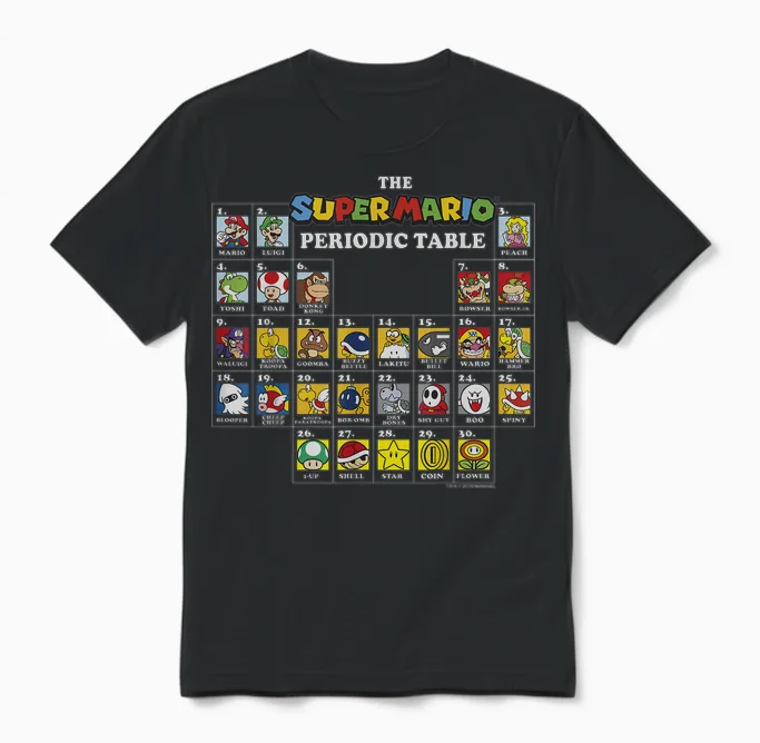 Super Mario Periodic Table of Characters Graphic Unisex T-Shirt in Black