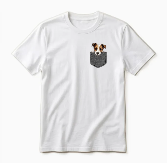 Dog in Chest Pocket Jack Russell Terrier T-Shirt, Black Unisex T-Shirt in White