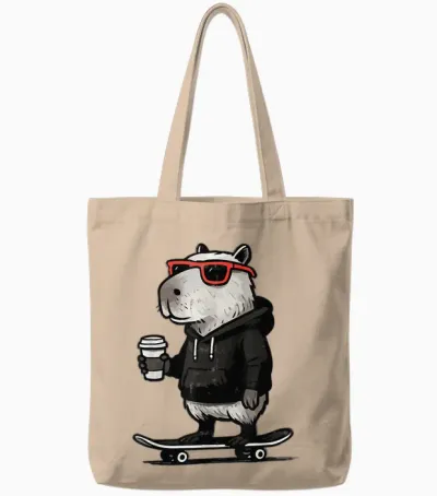 Cool Capybara on Skateboard with Coffee Funny Skater Kapy Tote Bags - Natural