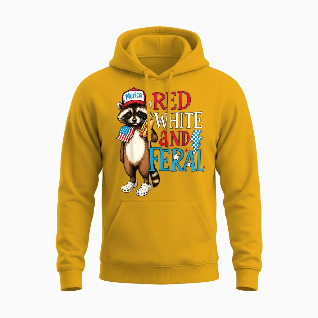Funny Raccoon 4th of July Patriotic Cute Red White and Feral Unisex Hoodie in Gold