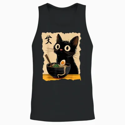Black Cat Ramen Japanese Kawaii Anime Cat Ramen Unisex Tank Top - Black