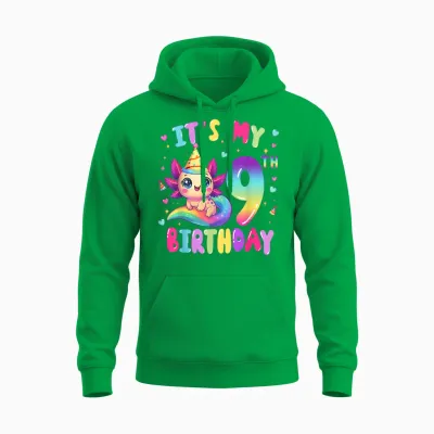 Es Ist Mein 9. Geburtstag, Axolotl Rainbow, 9 Jahre, Mädchen, Kinder Unisex Hoodie - Irish Green