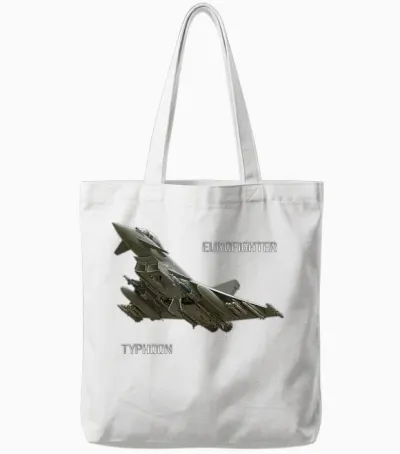 Dasdirkdesign Eurofighter T-Shirt Schwarz Herren Erwachsene Klein Klassische Passform Kurzarm Crew-Ausschnitt Spreizkragen Klassisch Militärisch Flugzeug Tote Bags - White
