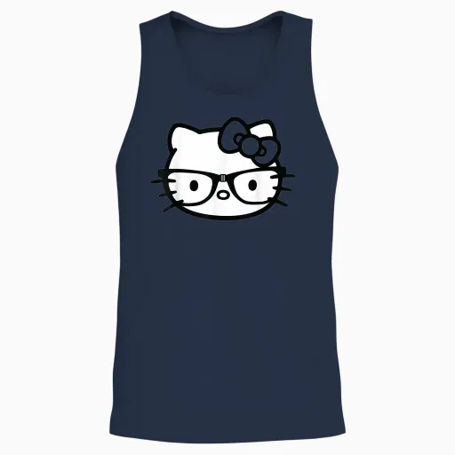 Hello Kitty Black and White Nerd Glasses Short Sleeve Unisex Tank Top - Navy