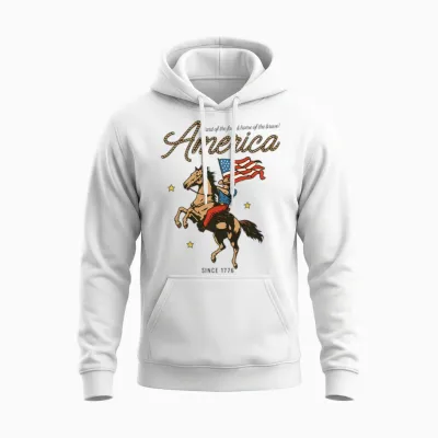 Western America Cowboy Waving American Flag Retro Unisex Hoodie - White