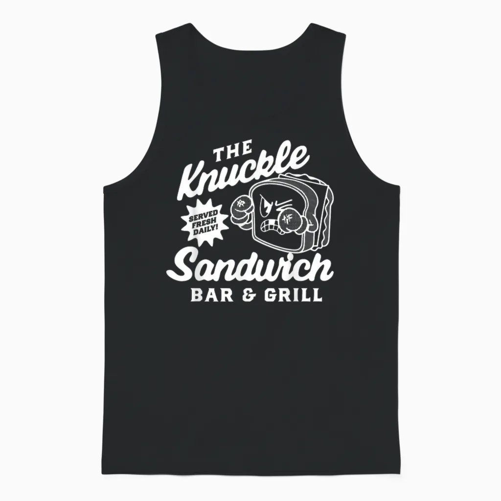 The Knuckle Sandwich Bar & Grill Fighting Joke Bar Humor Unisex Tank Top in Black