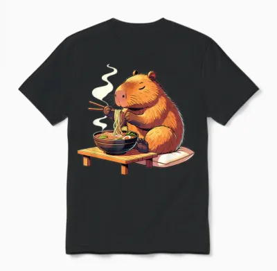Cute Capybara Eats Ramen Noodles Capybaras Ramen T-Shirt, Black Unisex T-Shirt - Black