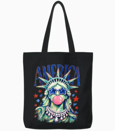 Statue of Liberty Blowing Bubble Preppy Brushstroke Usa Tote Bags - Black