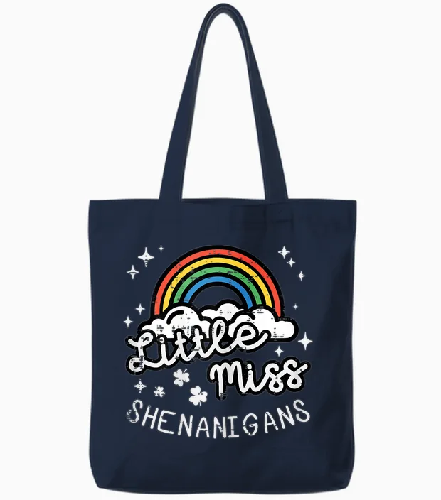 St Patricks Day Little Miss Shenanigans Rainbow Girls Tote Bags in Navy