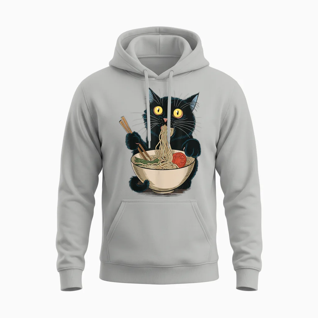Funny Japanese Cat Eating Ramen Vintage Japanese Noodles Unisex Hoodie in Ash