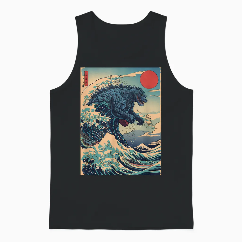 Kaiju Monster Japanese Style Art Great Wave off Kanagawa Unisex Tank Top in Black