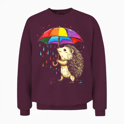 Cute Hedgehog Pattern Rainbow Umbrella T-Shirt, Black, S Unisex Sweatshirt - Maroon