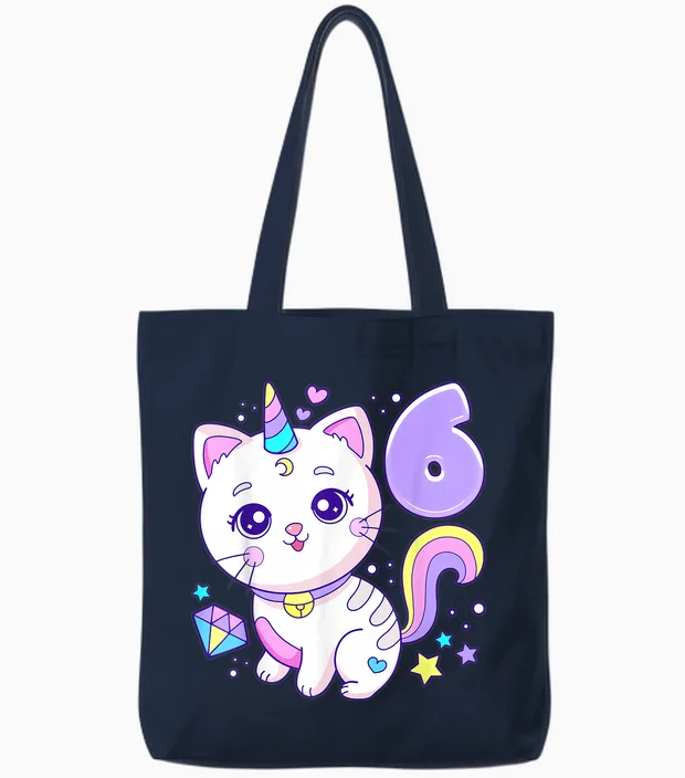 Geburtstag Mädchen 6 Jahre, Katze, Einhorn, 6. Geburtstag Tote Bags in Navy
