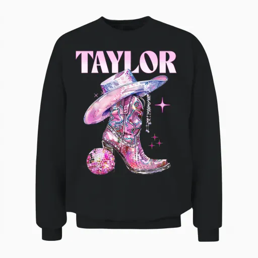 Taylor Outfit Disco Pink Cowgirl Shirt Women's Teen Girls Name T-Shirt, Black Unisex Sweatshirt - Black