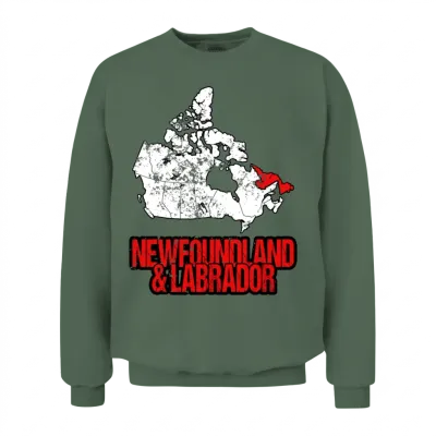 Newfoundland & Labrador Vintage Canada Map Unisex Sweatshirt - Military Green