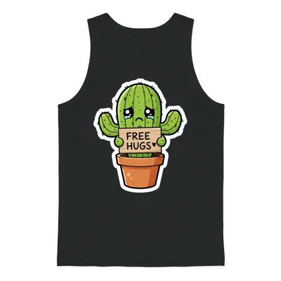 Free Hugs Cactus Sad Cute Plant Pun Unisex Tank Top - Black