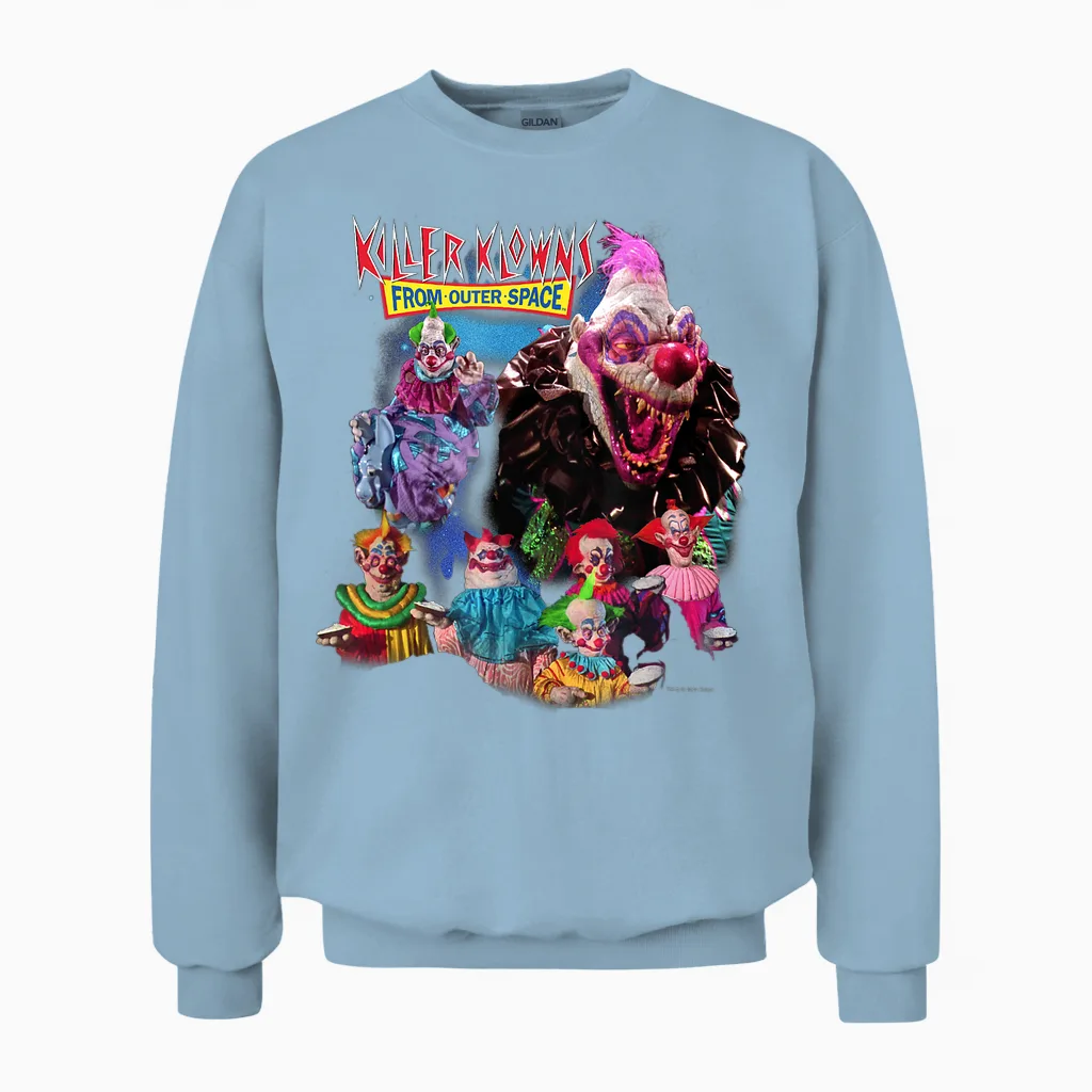Killer Klowns from Outer Space Vintage Group Shot Unisex Sweatshirt in Light Blue