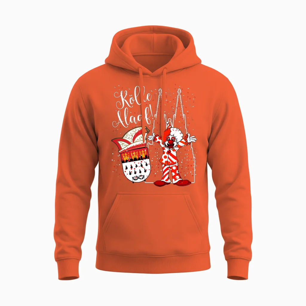 Cologne Cathedral Clown Kölle Alaaf Confetti Carnival Fashion Parade Long Sleeve Shirt, Black Unisex Hoodie in Orange