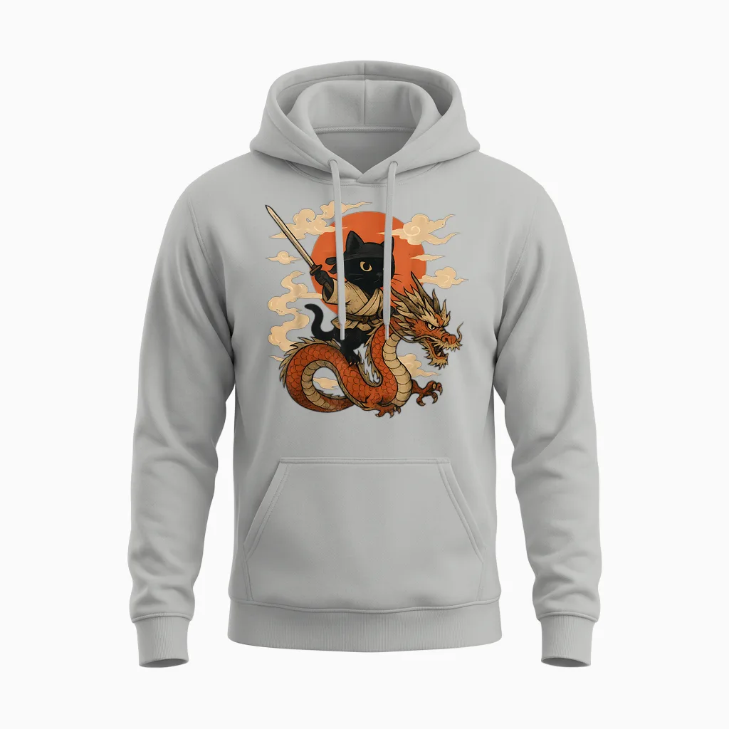 Vintage Japanische Samurai Katze Ninja Drache Kawaii Anime Liebhaber Unisex Hoodie in Ash