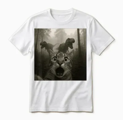 Cat Selfie with Rex Dinosaur Funny Cat Kids Men Women Unisex T-Shirt - White