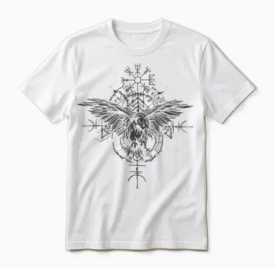Walhalla Raven Odins Runes Nordic Compass Viking T-Shirt, Black Unisex T-Shirt - White