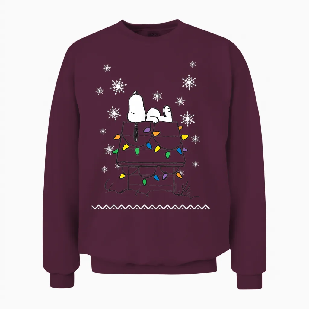 Peanuts Holiday Snoopy Dog House Lights Short Sleeve Unisex Sweatshirt in Maroon