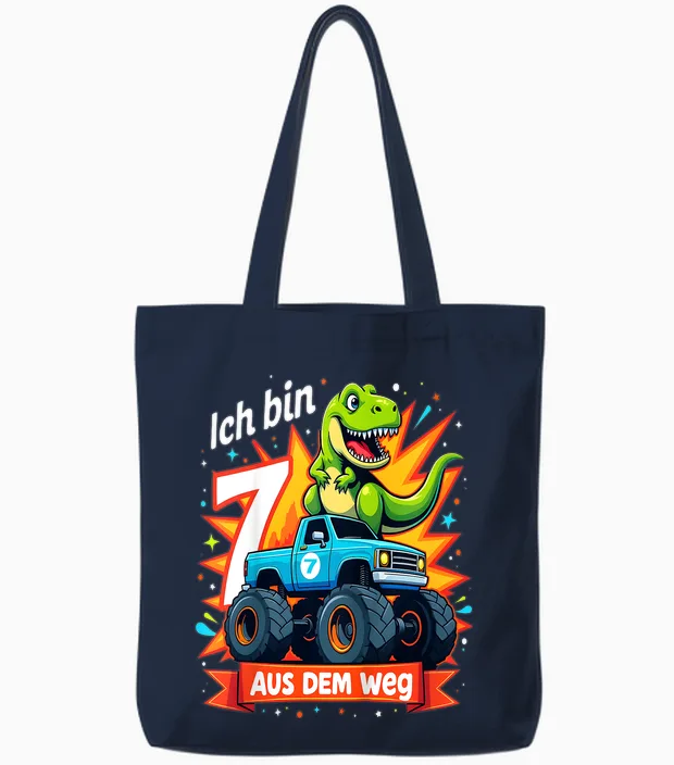 Kinder Ich Bin 7 Dinosaurier Monstertruck Kindergeburtstag Tote Bags in Navy