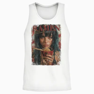 Backprint Pin-Up Girl Ramen Noodle Anime Manga Asian Ramen T-Shirt, Black Unisex Tank Top - White