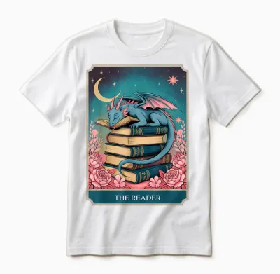 Tarot the Reader Mystic Book Dragon Moonlit Fantasy Art Unisex T-Shirt - White