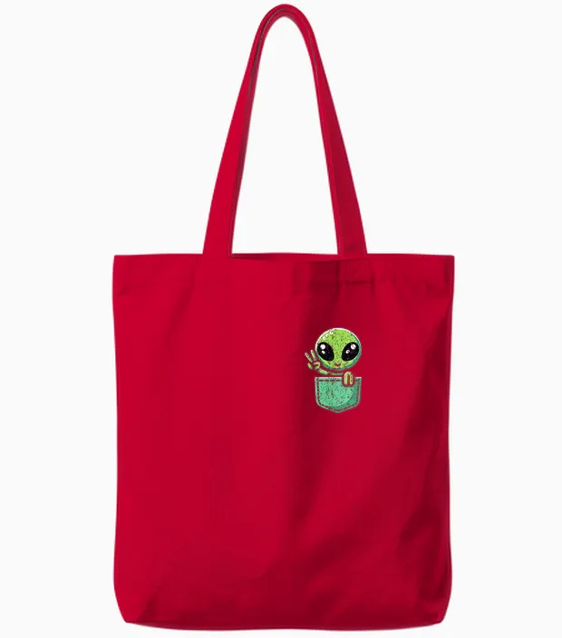 Cute Little Alien in Pocket Universe Ufo Baby Monster Tote Bags in Red