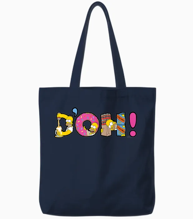 The Simpsons Homer Simpson Beer and Donuts Letters D'oh! T-Shirt, Black, S Tote Bags in Navy