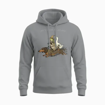 Off to Cause a Kerfuffle Frog Raccoon Goose Riding Dachshund Unisex Hoodie - Sport Grey