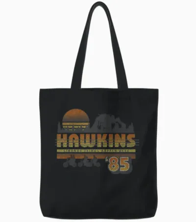 Stranger Things Hawkins Retro 85 T-Shirt, White, S Tote Bags - Black